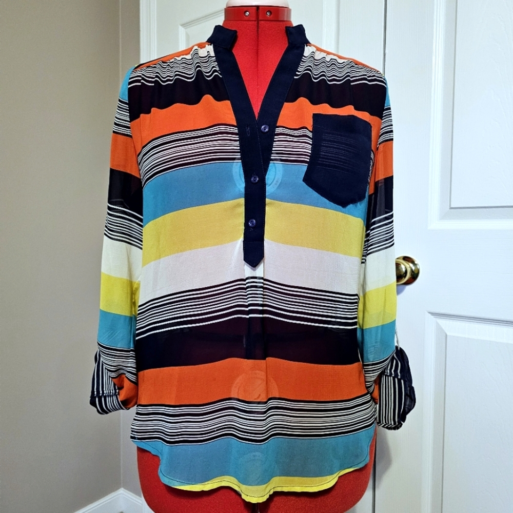 🌈 Alya Sheer Striped Multicolor Henley Buttoned Shirt - Size M